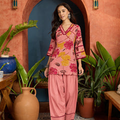 Stylum Women's Pink Abstract Printed Rayon Straight Short Kurti With Farshi Salwar Set (KSPINKCANON)