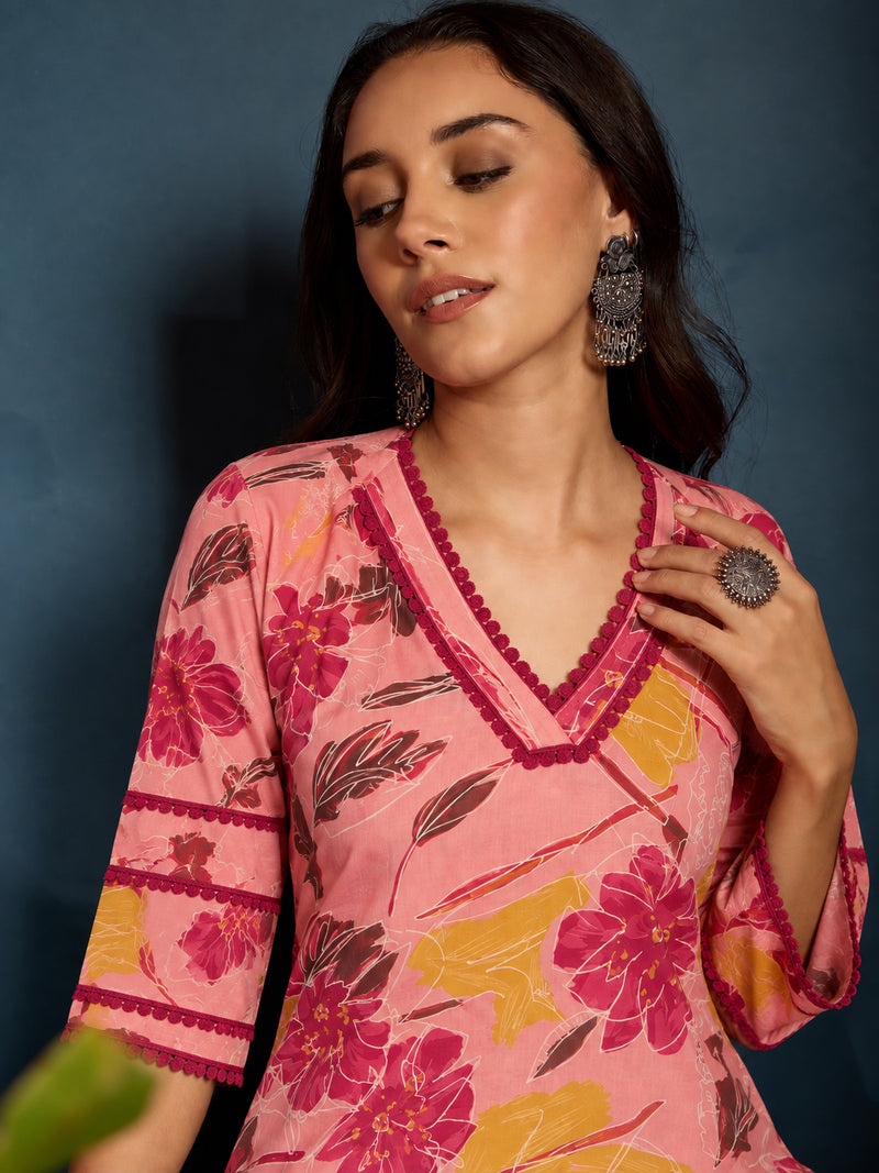 Stylum Women's Pink Abstract Printed Rayon Straight Short Kurti With Farshi Salwar Set (KSPINKCANON)