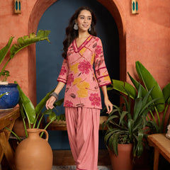 Stylum Women's Pink Abstract Printed Rayon Straight Short Kurti With Farshi Salwar Set (KSPINKCANON)