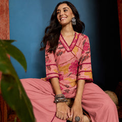 Stylum Women's Pink Abstract Printed Rayon Straight Short Kurti With Farshi Salwar Set (KSPINKCANON)