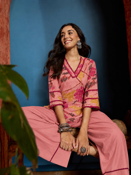 Stylum Women's Pink Abstract Printed Rayon Straight Short Kurti With Farshi Salwar Set (KSPINKCANON)