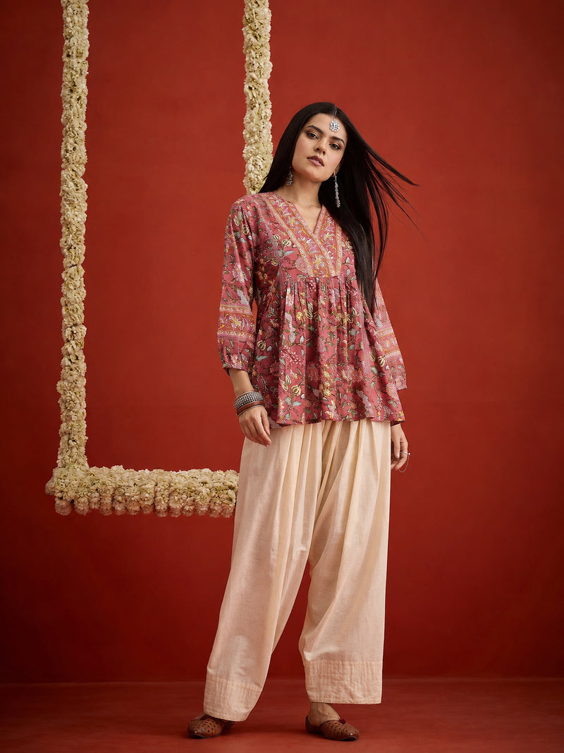 Stylum Women's Pink Floral Printed Cotton A-Line Short Kurti With Farshi Salwar (KSPINKORRY)
