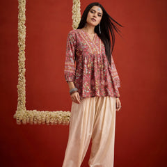 Stylum Women's Pink Floral Printed Cotton A-Line Short Kurti With Farshi Salwar (KSPINKORRY)