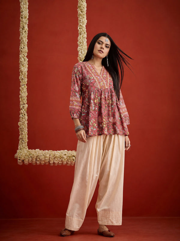 Stylum Women's Pink Floral Printed Cotton A-Line Short Kurti With Farshi Salwar (KSPINKORRY)