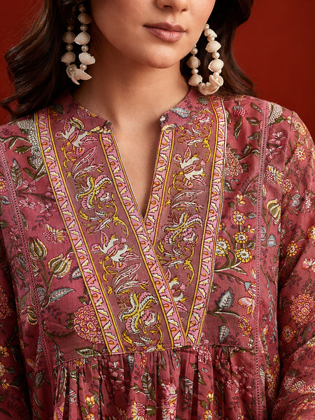Stylum Women's Pink Floral Printed Cotton A-Line Short Kurti With Farshi Salwar (KSPINKORRY)