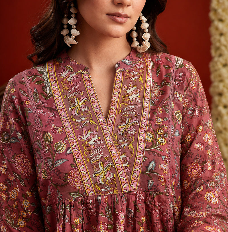 Stylum Women's Pink Floral Printed Cotton A-Line Short Kurti With Farshi Salwar (KSPINKORRY)