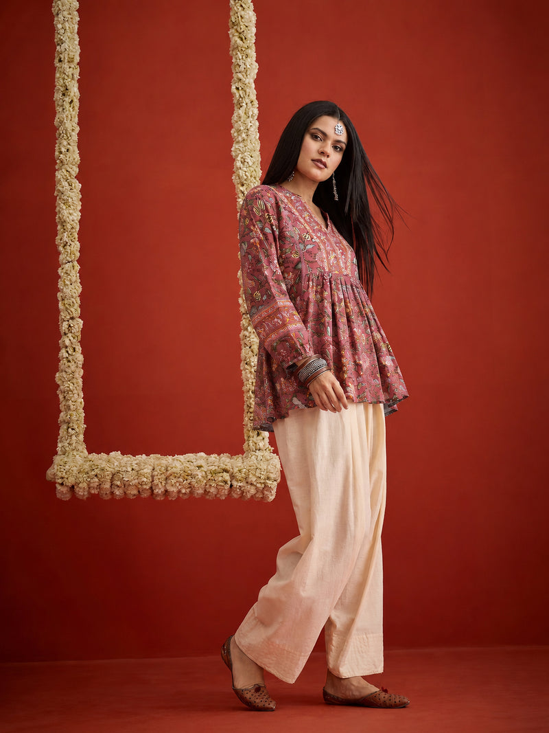 Stylum Women's Pink Floral Printed Cotton A-Line Short Kurti With Farshi Salwar (KSPINKORRY)