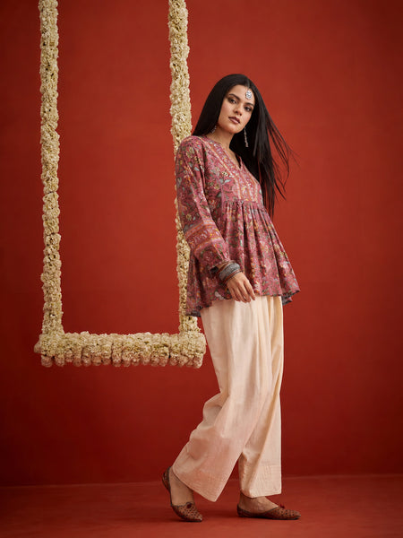 Stylum Women's Pink Floral Printed Cotton A-Line Short Kurti With Farshi Salwar (KSPINKORRY)