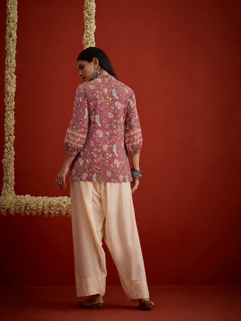 Stylum Women's Pink Floral Printed Cotton A-Line Short Kurti With Farshi Salwar (KSPINKORRY)