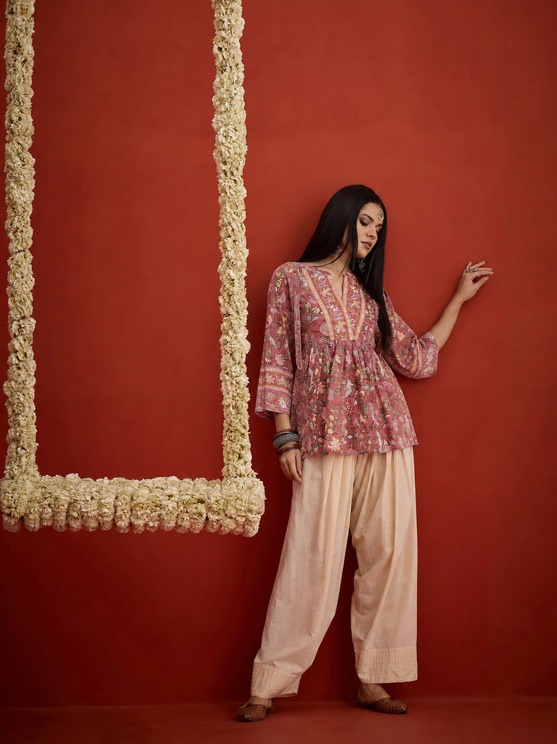 Stylum Women's Pink Floral Printed Cotton A-Line Short Kurti With Farshi Salwar (KSPINKORRY)