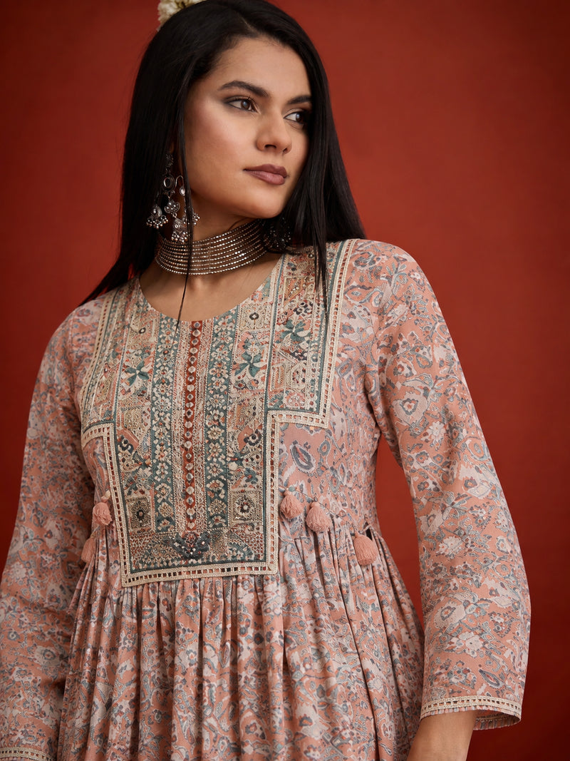 Stylum Women's Pink Geometric Printed & Embroidered Cotton A-Line Short Kurti With Farshi Salwar (KSPINKRUDRANI)