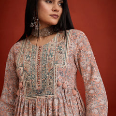 Stylum Women's Pink Geometric Printed & Embroidered Cotton A-Line Short Kurti With Farshi Salwar (KSPINKRUDRANI)