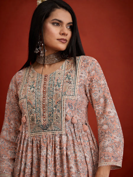 Stylum Women's Pink Geometric Printed & Embroidered Cotton A-Line Short Kurti With Farshi Salwar (KSPINKRUDRANI)