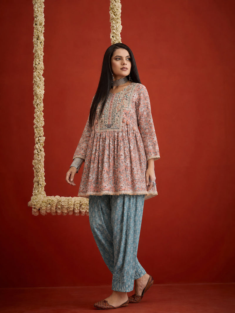 Stylum Women's Pink Geometric Printed & Embroidered Cotton A-Line Short Kurti With Farshi Salwar (KSPINKRUDRANI)