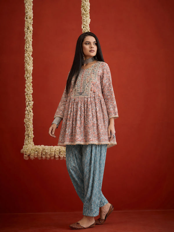 Stylum Women's Pink Geometric Printed & Embroidered Cotton A-Line Short Kurti With Farshi Salwar (KSPINKRUDRANI)