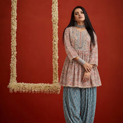 Stylum Women's Pink Geometric Printed & Embroidered Cotton A-Line Short Kurti With Farshi Salwar (KSPINKRUDRANI)