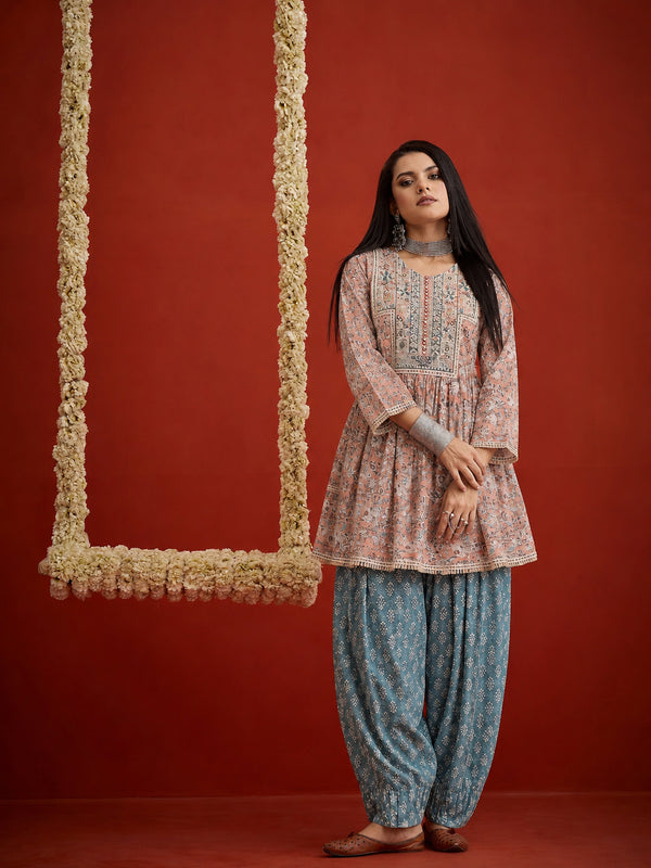 Stylum Women's Pink Geometric Printed & Embroidered Cotton A-Line Short Kurti With Farshi Salwar (KSPINKRUDRANI)