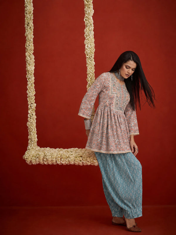 Stylum Women's Pink Geometric Printed & Embroidered Cotton A-Line Short Kurti With Farshi Salwar (KSPINKRUDRANI)