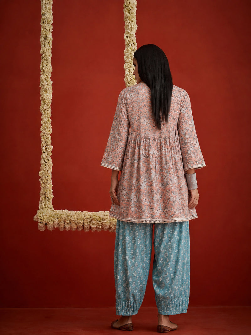 Stylum Women's Pink Geometric Printed & Embroidered Cotton A-Line Short Kurti With Farshi Salwar (KSPINKRUDRANI)