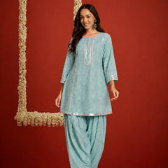 Stylum Women's Pista Bandhej Printed Rayon A-Line Kurti With Farshi Salwar Set (KSPISTACASA)