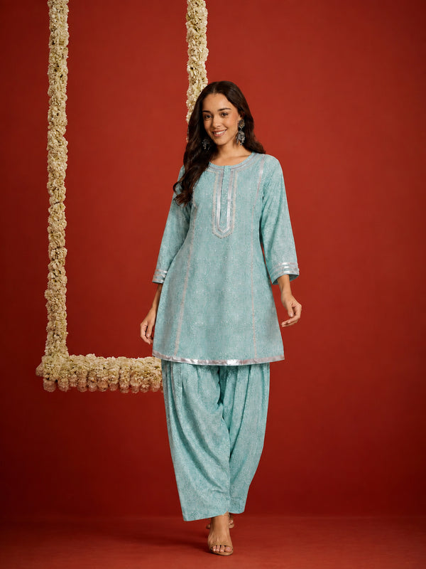 Stylum Women's Pista Bandhej Printed Rayon A-Line Kurti With Farshi Salwar Set (KSPISTACASA)
