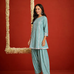 Stylum Women's Pista Bandhej Printed Rayon A-Line Kurti With Farshi Salwar Set (KSPISTACASA)