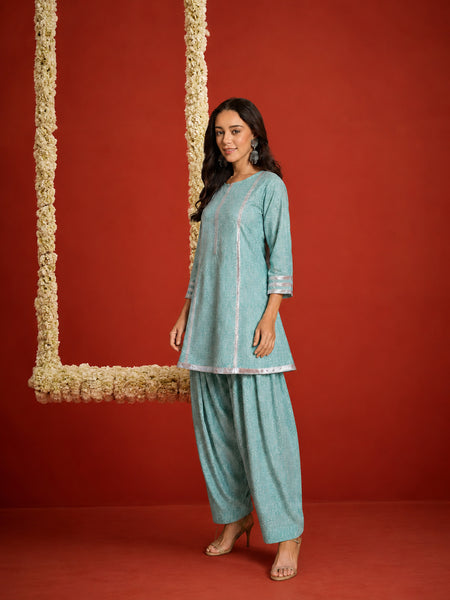 Stylum Women's Pista Bandhej Printed Rayon A-Line Kurti With Farshi Salwar Set (KSPISTACASA)