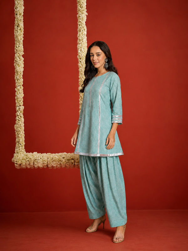 Stylum Women's Pista Bandhej Printed Rayon A-Line Kurti With Farshi Salwar Set (KSPISTACASA)