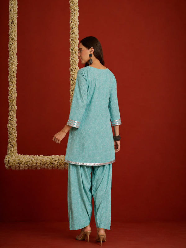 Stylum Women's Pista Bandhej Printed Rayon A-Line Kurti With Farshi Salwar Set (KSPISTACASA)