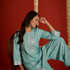 Stylum Women's Pista Bandhej Printed Rayon A-Line Kurti With Farshi Salwar Set (KSPISTACASA)