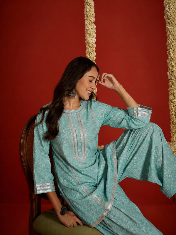 Stylum Women's Pista Bandhej Printed Rayon A-Line Kurti With Farshi Salwar Set (KSPISTACASA)
