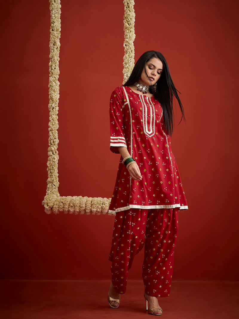Stylum Women's Red Bandhej Printed Rayon A-Line Kurti With Farshi Salwar (KSREDCRUNCH)