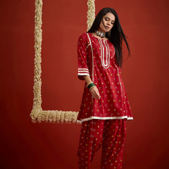 Stylum Women's Red Bandhej Printed Rayon A-Line Kurti With Farshi Salwar (KSREDCRUNCH)