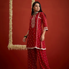 Stylum Women's Red Bandhej Printed Rayon A-Line Kurti With Farshi Salwar (KSREDCRUNCH)