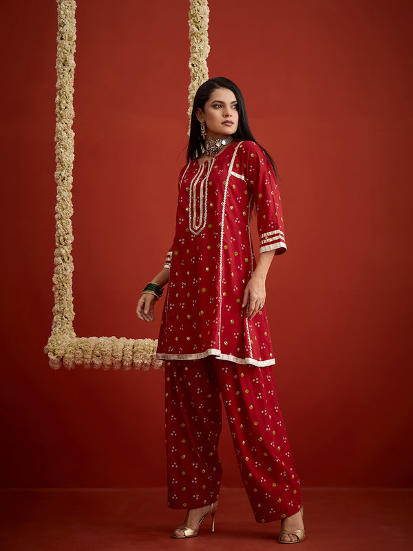 Stylum Women's Red Bandhej Printed Rayon A-Line Kurti With Farshi Salwar (KSREDCRUNCH)