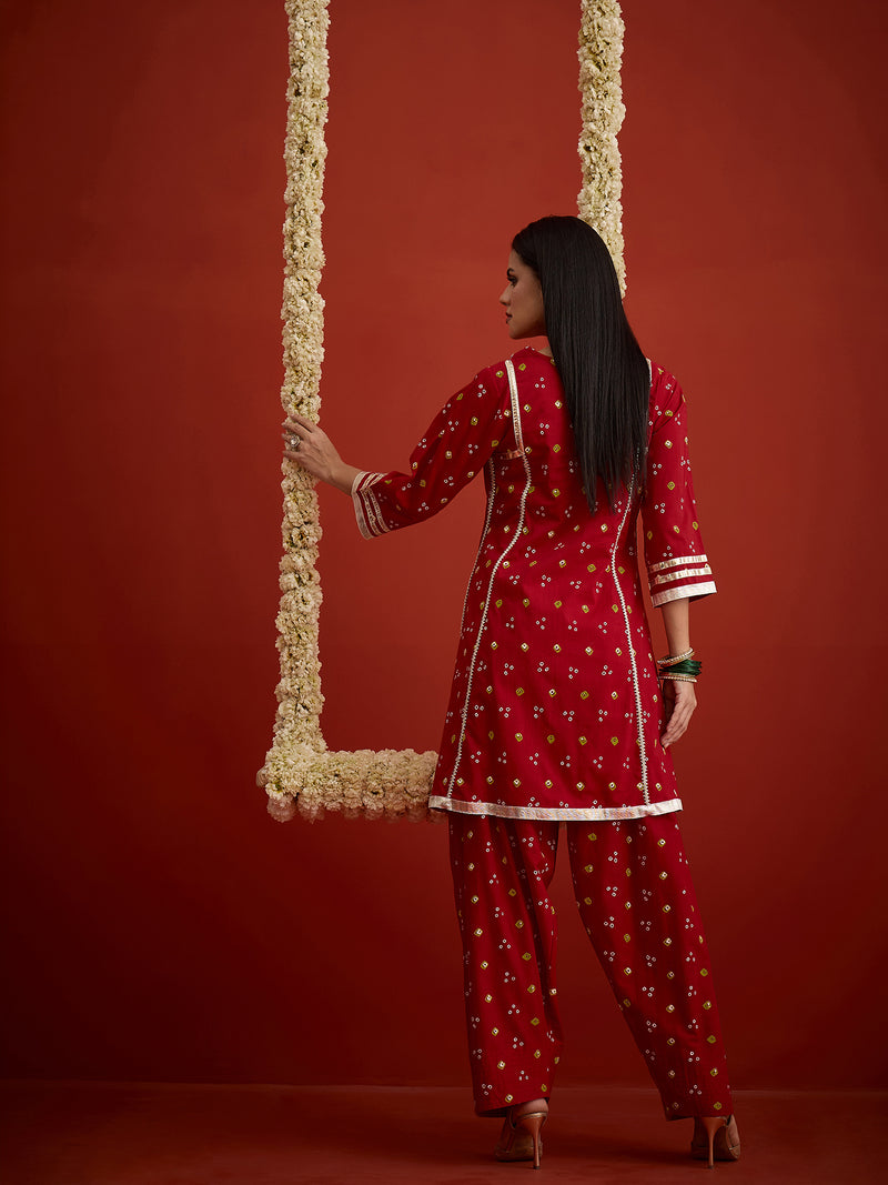 Stylum Women's Red Bandhej Printed Rayon A-Line Kurti With Farshi Salwar (KSREDCRUNCH)