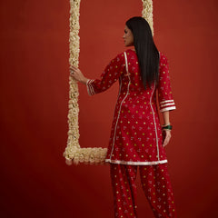 Stylum Women's Red Bandhej Printed Rayon A-Line Kurti With Farshi Salwar (KSREDCRUNCH)