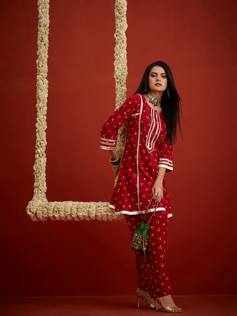 Stylum Women's Red Bandhej Printed Rayon A-Line Kurti With Farshi Salwar (KSREDCRUNCH)