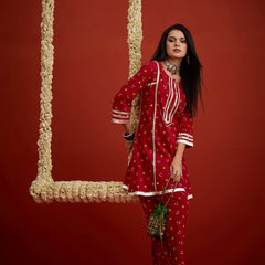 Stylum Women's Red Bandhej Printed Rayon A-Line Kurti With Farshi Salwar (KSREDCRUNCH)