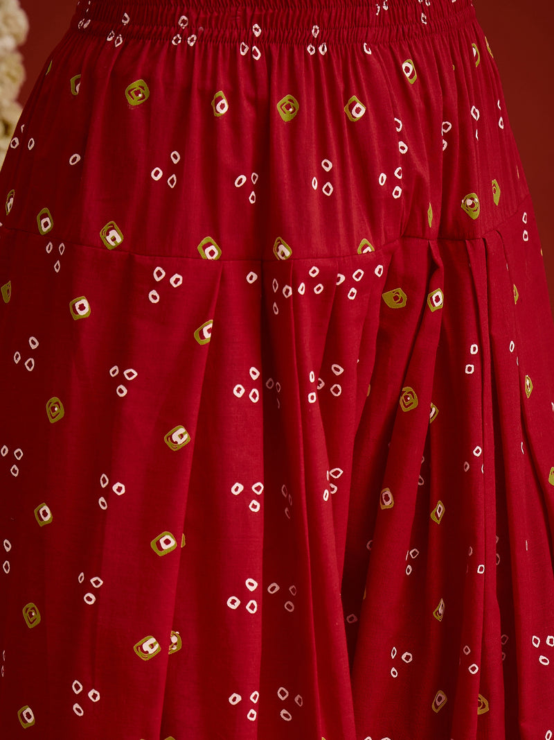 Stylum Women's Red Bandhej Printed Rayon A-Line Kurti With Farshi Salwar (KSREDCRUNCH)