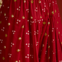 Stylum Women's Red Bandhej Printed Rayon A-Line Kurti With Farshi Salwar (KSREDCRUNCH)