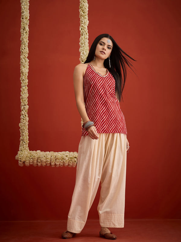 Stylum Women's Red Leheriya Printed Cotton Straight Short Kurti With Farshi Salwar (KSREDERIC)