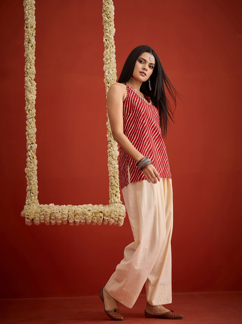 Stylum Women's Red Leheriya Printed Cotton Straight Short Kurti With Farshi Salwar (KSREDERIC)