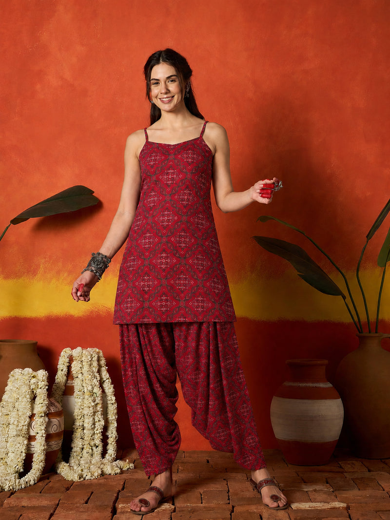 Stylum Women's Red Bandhej Printed Reyon Straight Short Kurti With Farshi Salwar (KSREDKABIRA)