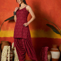 Stylum Women's Red Bandhej Printed Reyon Straight Short Kurti With Farshi Salwar (KSREDKABIRA)