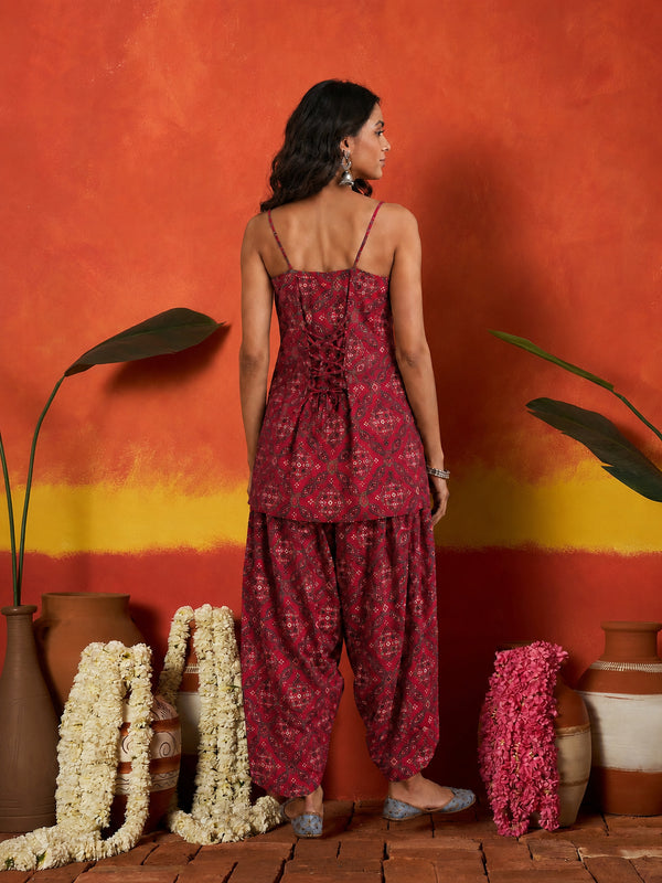 Stylum Women's Red Bandhej Printed Reyon Straight Short Kurti With Farshi Salwar (KSREDKABIRA)