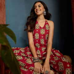 Stylum Women's Red Printed Pure Cotton Short Kurti With Farshi Salwar (KSREDMORAL)