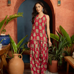Stylum Women's Red Printed Pure Cotton Short Kurti With Farshi Salwar (KSREDMORAL)