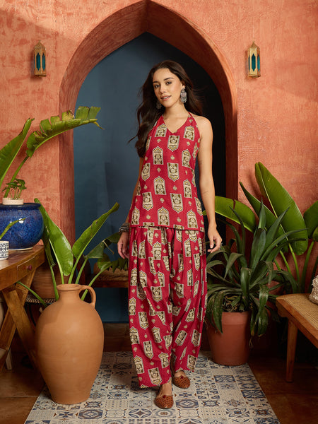 Stylum Women's Red Printed Pure Cotton Short Kurti With Farshi Salwar (KSREDMORAL)