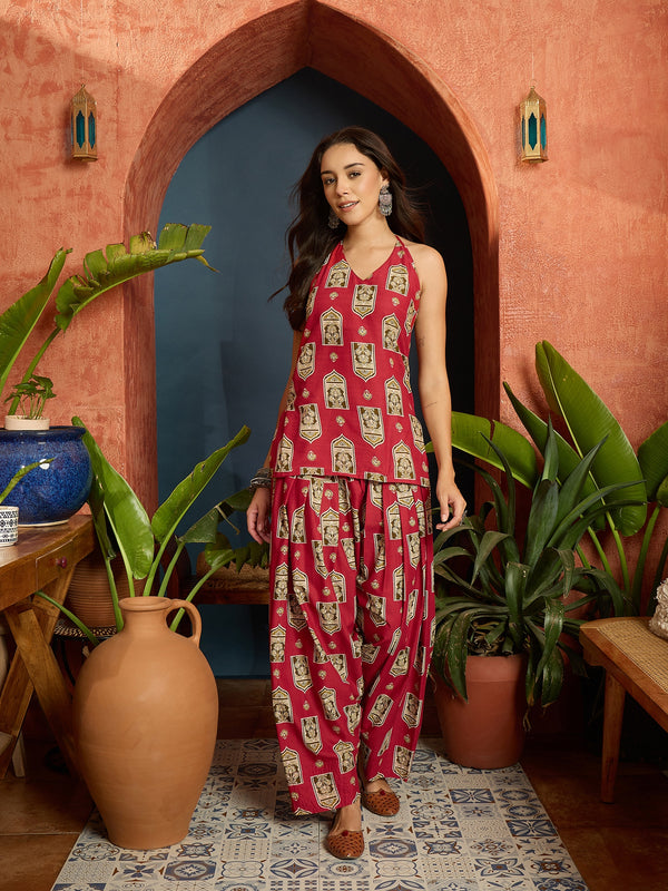 Stylum Women's Red Printed Pure Cotton Short Kurti With Farshi Salwar (KSREDMORAL)